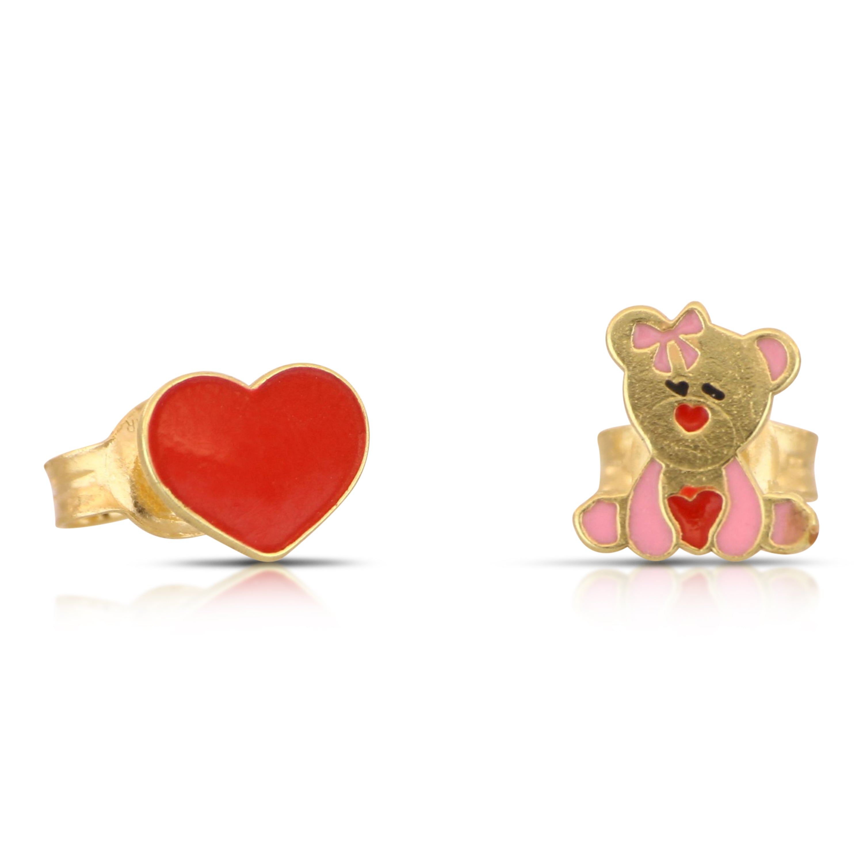 18K Italian Gold Bear and heart enamelled earrings – SKU 803321748554